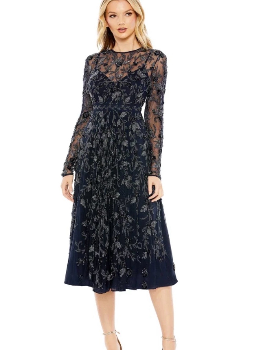 NEW Mac Duggal Beaded Long Sleeve Gown Women 2 Navy 10799 High Neck Cocktail